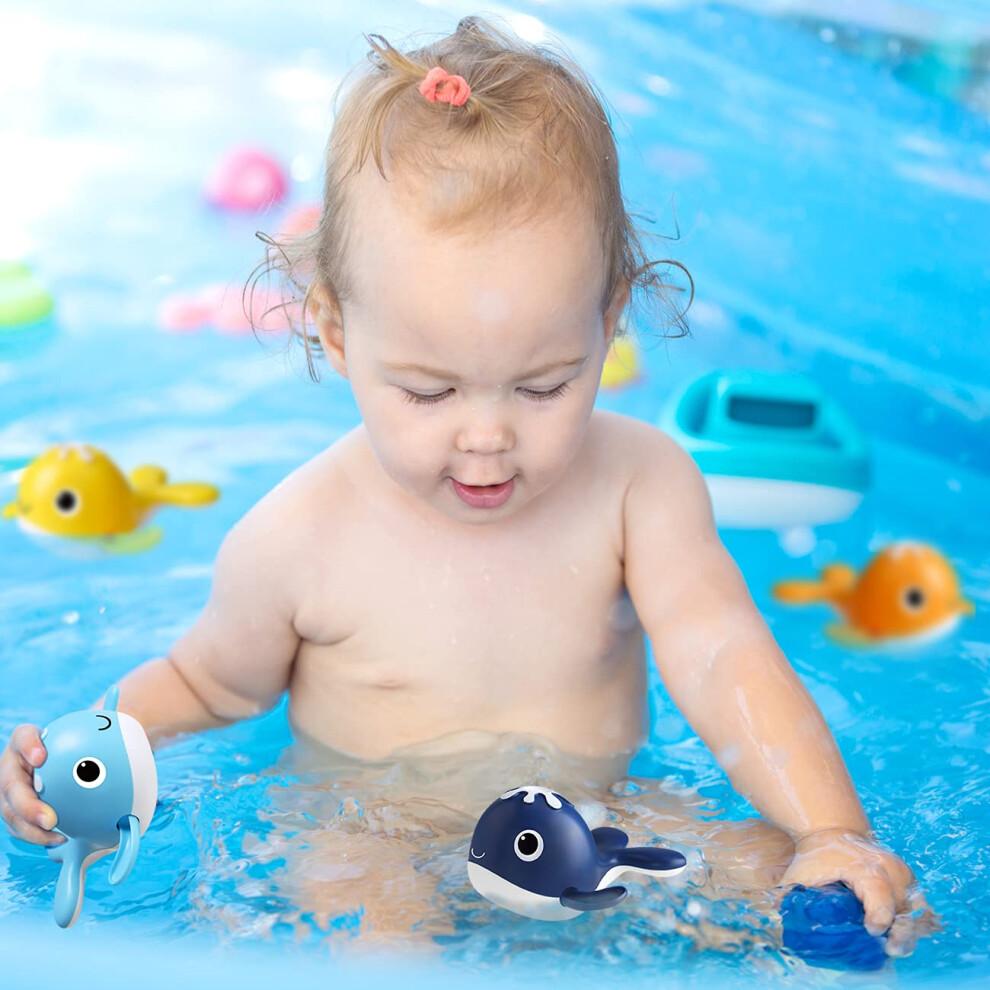Bath Fishing Toy Set with Magnetic Catch, Windup Swimming Whales, Rotating Pole for Toddlers