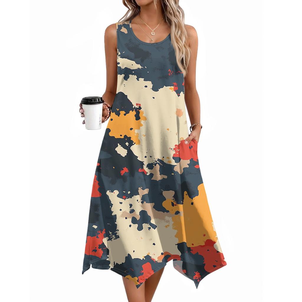 Women Casual Sleeveless Summer Dresses  Spring Crewneck Patchwork Boho Floral Ruffle Cocktail Party Midi Dress