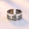 Rockyu One Size Fits All Silver Pure Silver Buddhist Lotus Ring with Heart Sutra 10mm Lotus Flower Buddhist Amulet Good Luck Antique Style Men's Ring,