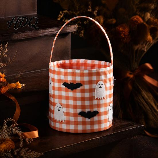 Trick or Treat Bags Halloween Bucket Basket for Kids Boys Girls Plaid Pumpkin Fall Festival Decorations Bat Ghost Candy Tote Bag with Handle
