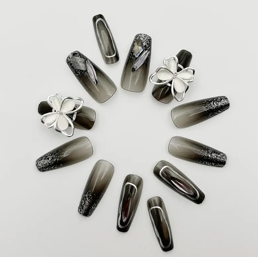 BLISS START 24Pcs/Box Press On Nails Obsidian Butterfly Black Shiny Rhinestone Detachable Fake Nails Glue On Nails, Women Girls DIY Nail Manicure