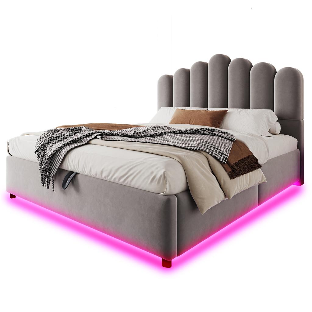 Upholstered Bed 140 × 200 cm With Hydraulic Storage, LED Light Strip, Unique and Comfortable Headboard, Stable Slatted Frame, Velvet Fabric Grey