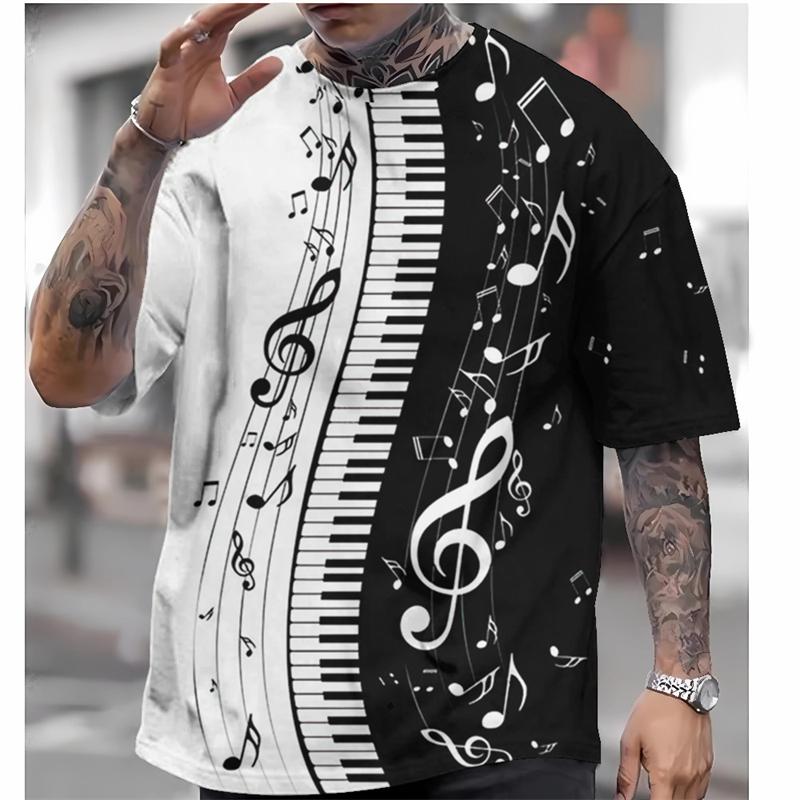 Fashionable piano key pattern T-shirt, summer popular short sleeved round neck 3D note printed T-shirt, simple casual loose T-shirt