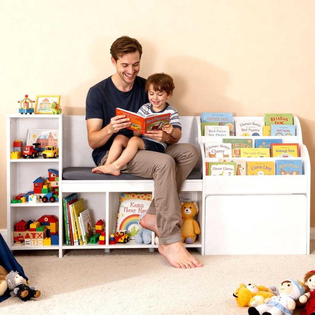 Kids Reading Nook, Wooden Storage Bench with Backrest, Kids Bookshelf & Toy Organizer, Large Toy Box Chest for Playroom, Living Room or Entryway, Easy