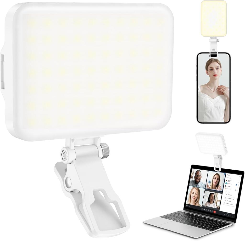 60 LED Portable Selfie Light Video Conference Lighting with Clip & Camera Tripod Adapter Rechargeable CRI 97+, 3 Light Modes