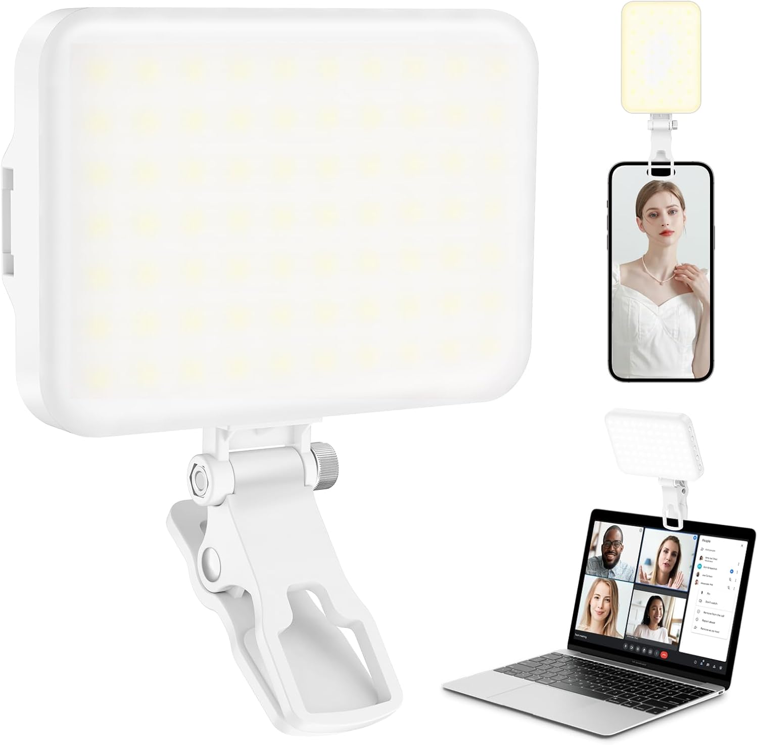 

60 LED Portable Selfie Light Video Conference Lighting with Clip & Camera Tripod Adapter Rechargeable CRI 97+, 3 Light Modes перлина білого кольору