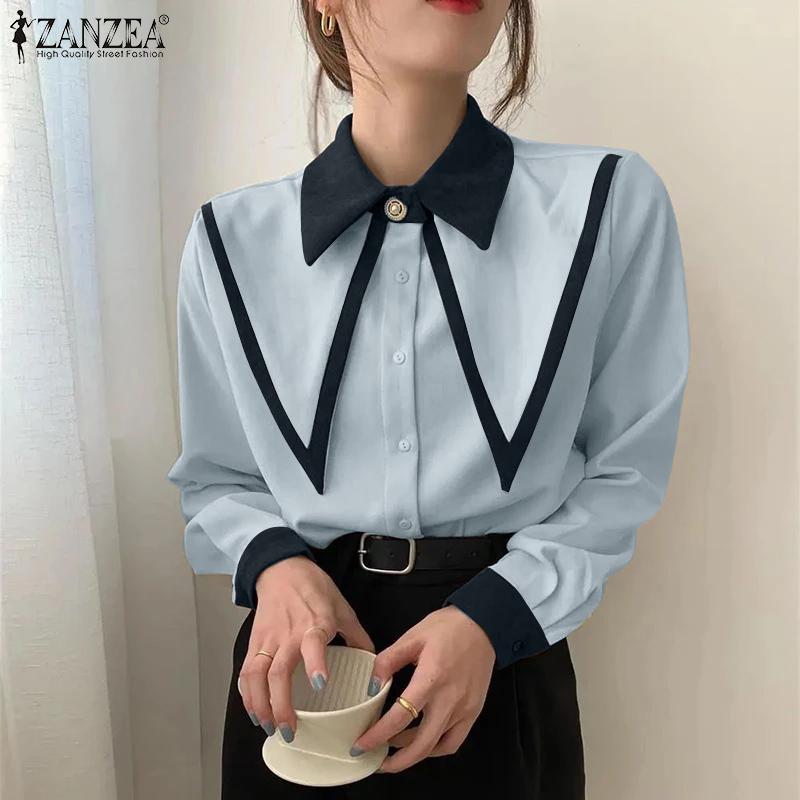 ZANZEA Women Casual Contrast Lapel Long Sleeve Blouses