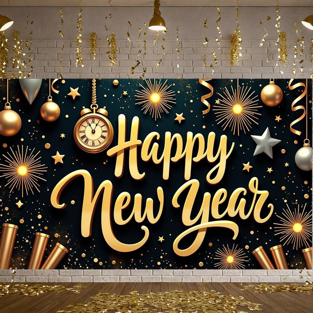 Event Banner Clock Decoration New Year Banner Festive Banner Metallic Color For Public Celebration Festive Gathering Home