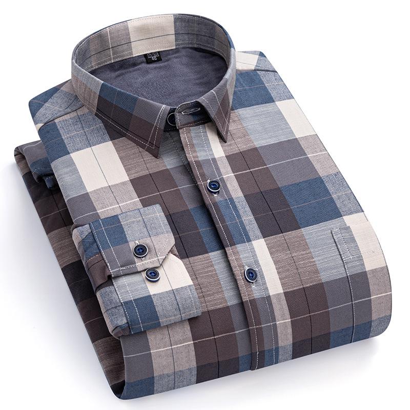 New Plus Size Velvet-Lined Men's Pure Cotton Plaid Shirt - Warm, Thickened for Autumn/Winter Cold Protection