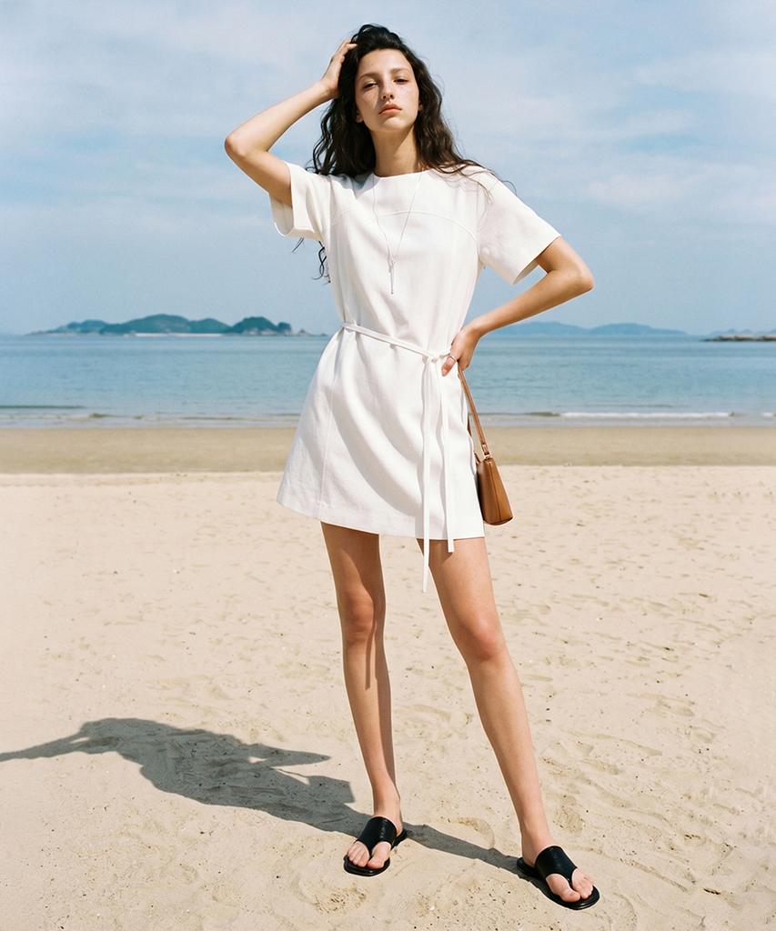 Lugkaeseuteu Armelle Oversized Belted Mini Dress_White