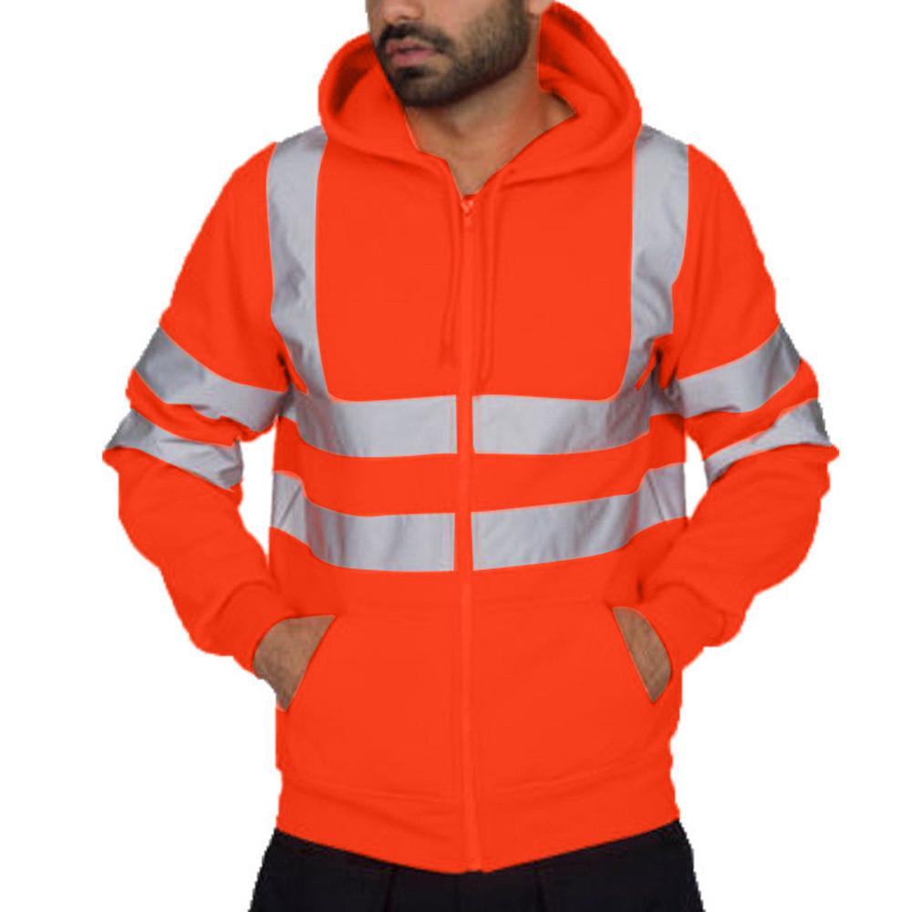 Fleece-lined Outdoor Sanitation Workwear Men's High Visibility Reflective Strip Zipper Hooded Sweatshirts