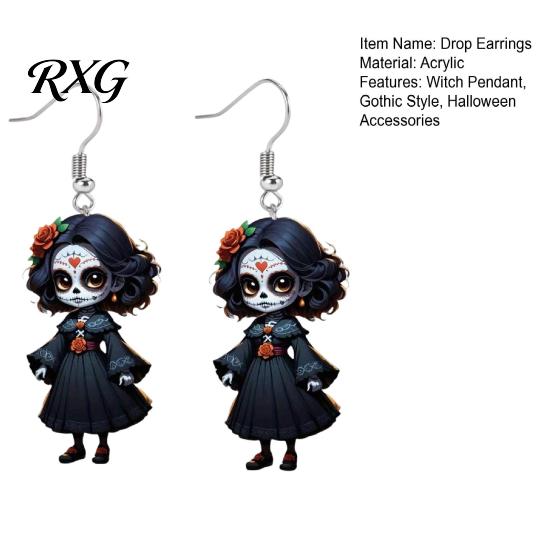 Gothic Witch Drop Earrings Halloween Earrings, Lightweight Acrylic Pendant Retro Rose for Women Girls Day of The Dead Accessories Eye-catching