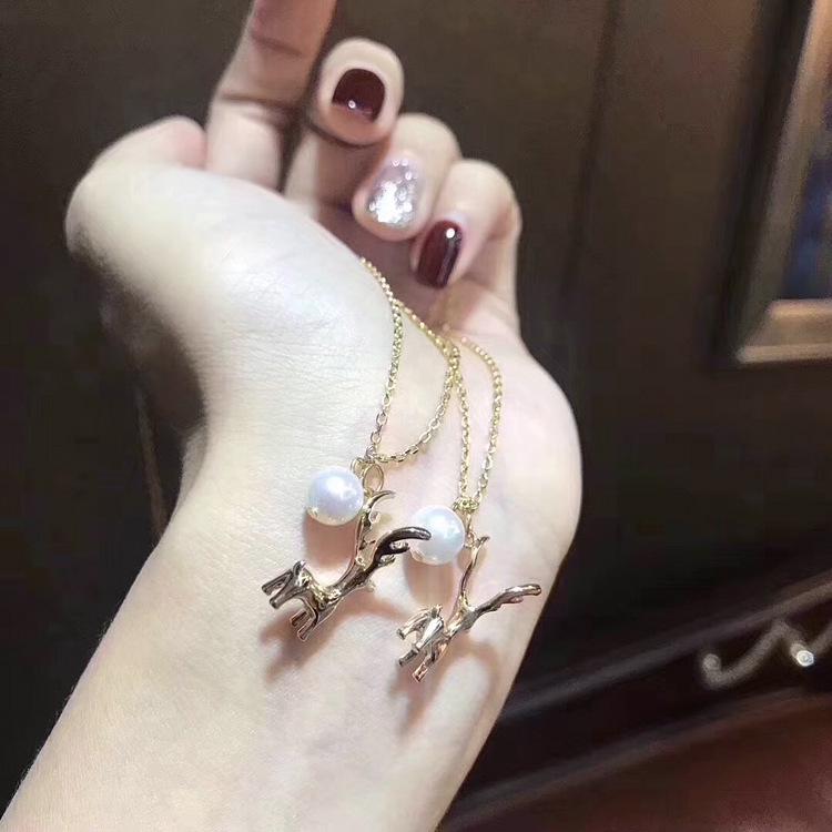 Korean Simple Style 18k Gold-Plated Silver Deer Necklace with Pearl, Women's Clavicle Chain, Christmas Gift