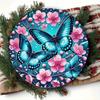 Round Tin Metal Sign with Blue Butterflies and Pink Cherry Blossoms Wall Decor