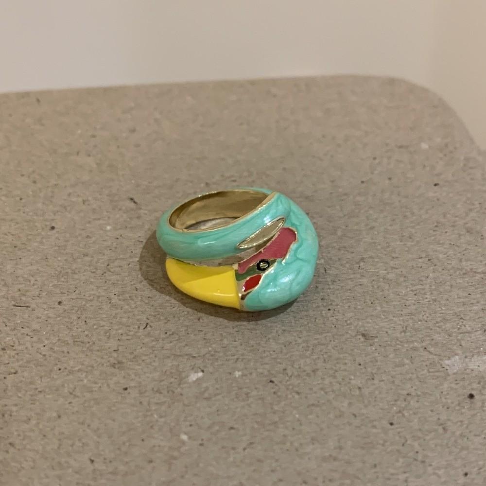 Vintage Colorful Enamel Parrot Ring Metal Material Adjustable Ring Geometric Open Ring Party Gifts зелёный