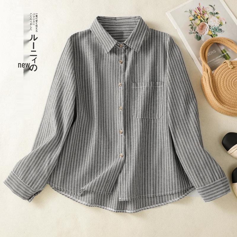 

2025 Artistic Cotton Linen Striped Long Sleeve Casual Plus Size Shirt M сірий колір