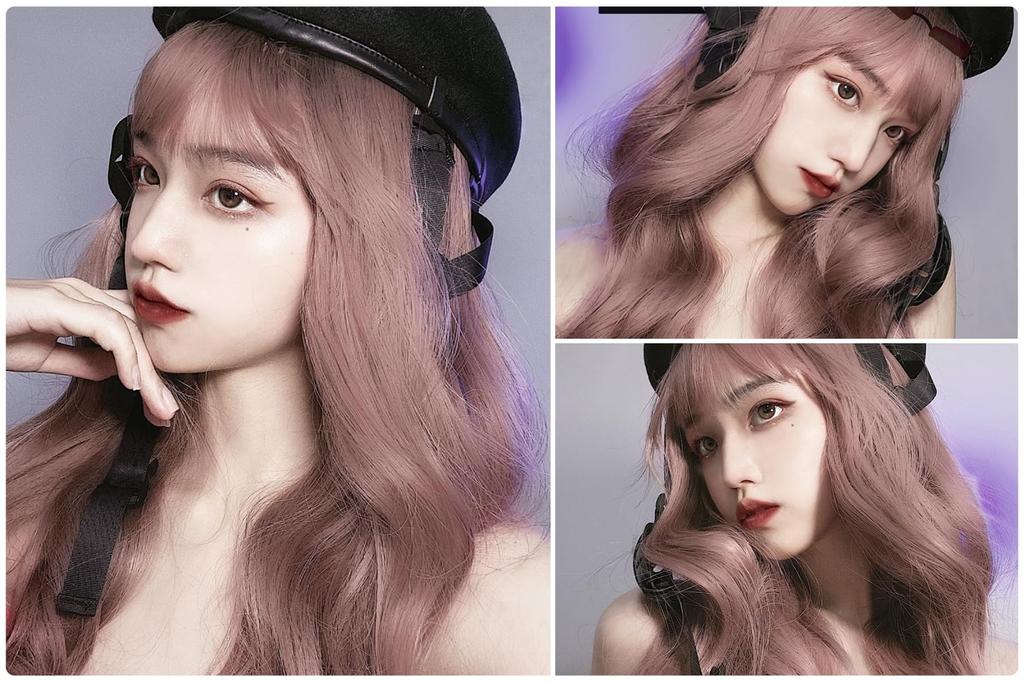 RyuuCos Lolita Wig, Long Hair, Curly, Wavy Hair, Blunt Bangs, Brown Pink Wig, Black Gradient Pink Brown, Natural Look, Harajuku Style, Cosplay, Heat