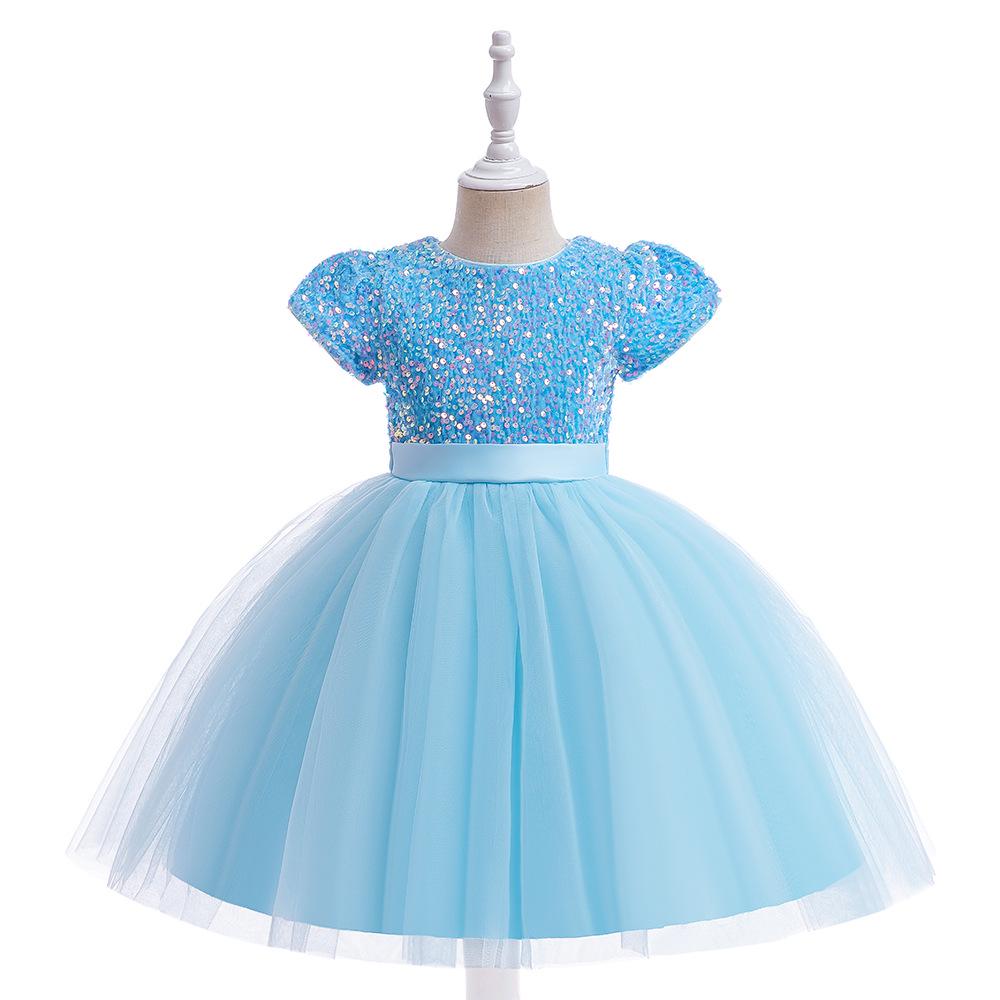 European & American Girls' Sequin Puffy Princess Dress with Bubble Sleeves for Catwalk and Evening Events