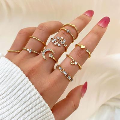 10 Stück/Set Vintage Strassstern Mond Herz Blätter Fingerknöchelringe für Damen Herren Einfacher Geometrischer Ring Boho Party Schmuck
