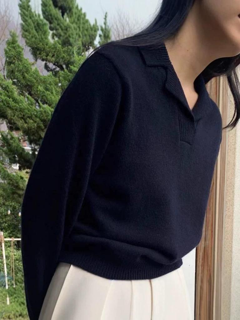 Women's Pure Wool Thickened Lapel Sweater - Long Sleeve, Loose Fit, Versatile Base Layer for Autumn and Winter.