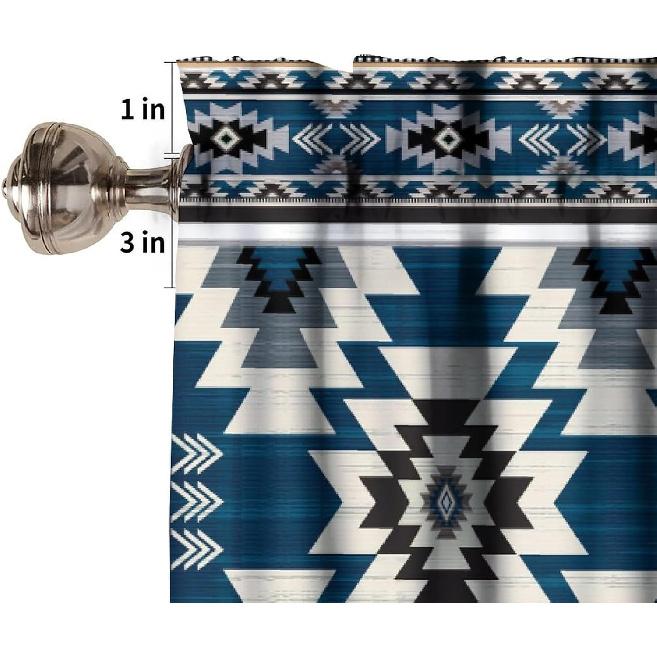 Blue Tribal Valance, Navajo Native American Navy Blue White Aztec Ethnic Geometric Print Blackout Short Window Curtain Drape for Kitchen Bedroom Cafe