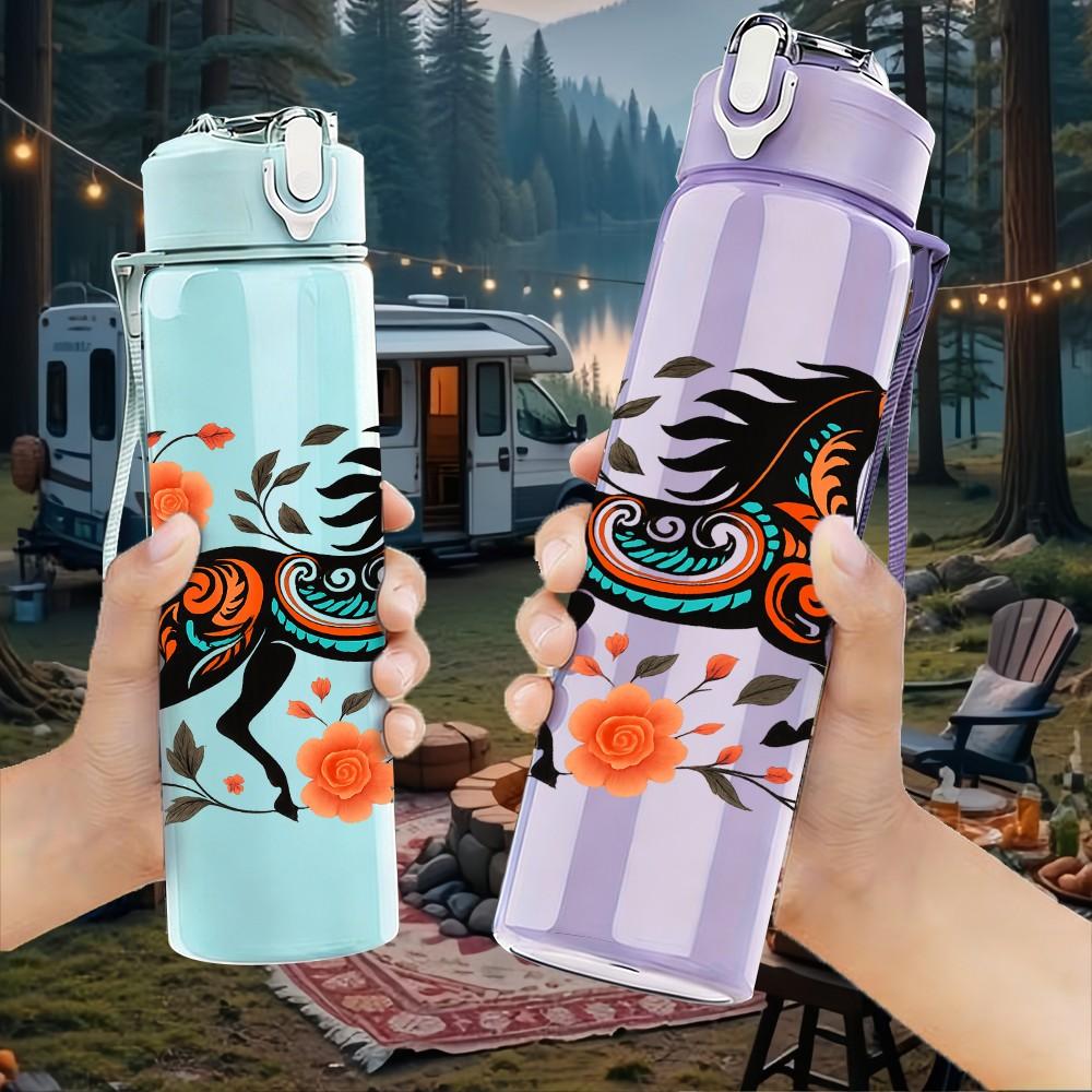 1PC Decorative Floral Running Horse 750ml Color Plastic Sports Water Bottle Leakproof Flip Straw Lid Suitable for Sports Office Home Use