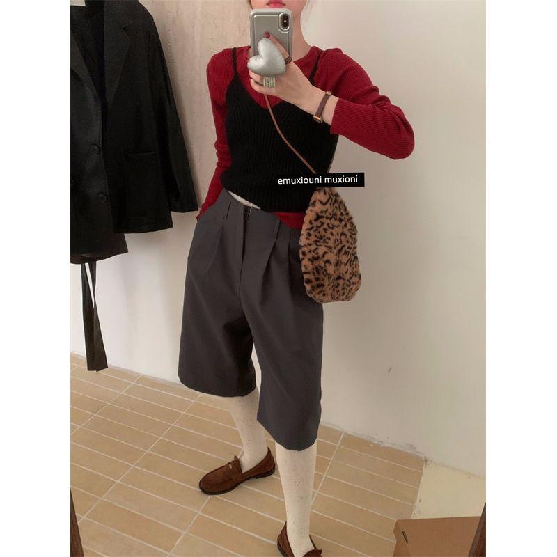 

Корейский стиль однотонный рубчик вязаный слинг женский осенний новинка прилегающий короткий шикарный самый простой для сочетания маленькое платье-бандаж топы