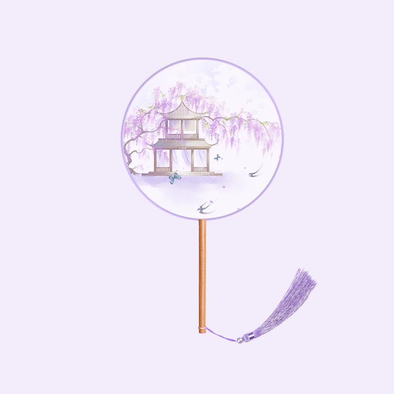Translucent Embroidered Long-Handled Round Fan for Children's Hanfu and Cheongsam Costumes