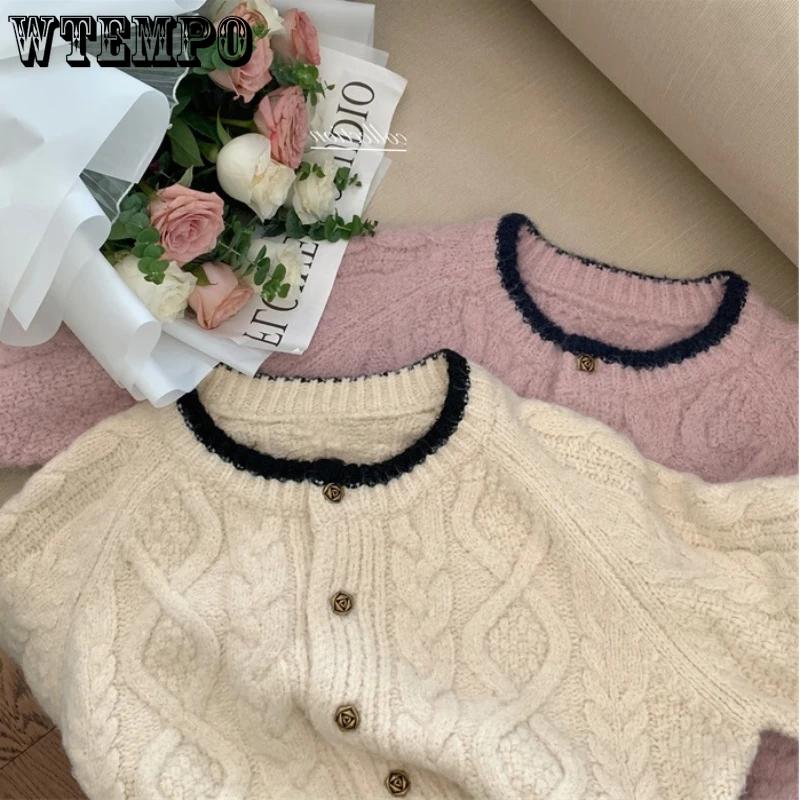 WTEMPO Women's Long Sleeve Short Cardigan Loose Casual Crop Knitted Sweater Crewneck Fall Winter Ladies Button Down Knitwear