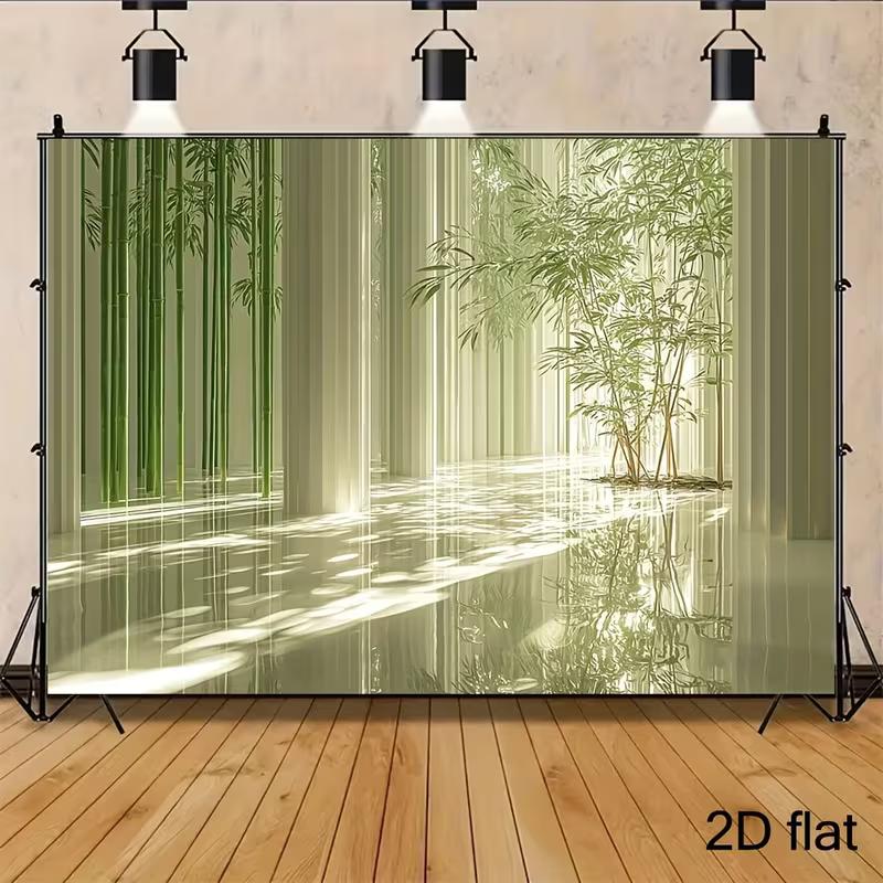 2D Tranquil Bamboo Backdrop, Green Bamboo Grove with Sunlight Shadows On Water Background Cloth
