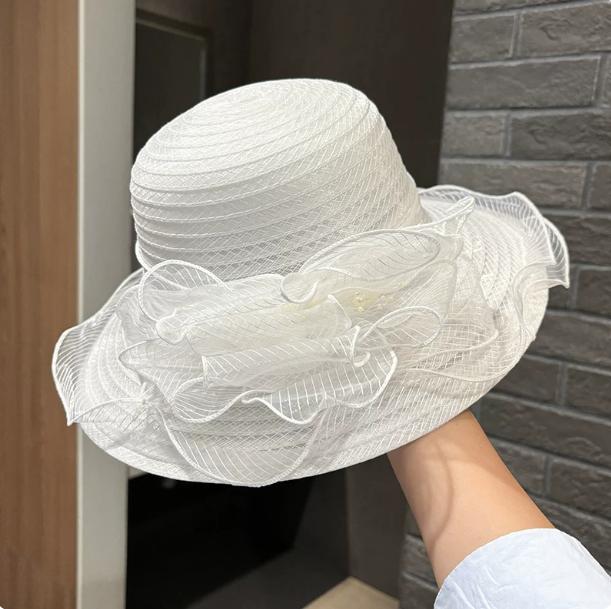Elegant Pearl Flower White Fisherman Hat Women's Summer Large Brim Sun Protection Fashionable Organza Sunshade Hat
