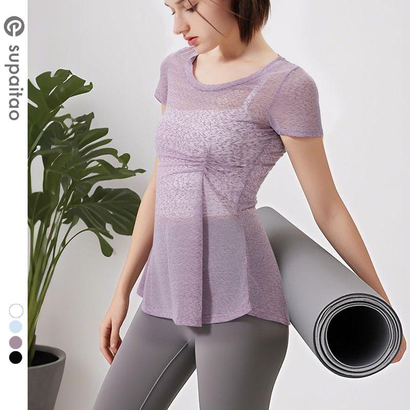 

Non-Returnable] Micro-Transparent Yoga Clothes Short Sleeve Tops Mid Length Long Length Sports Blouse Workout Clothes T-Shirt Quick-Drying Thin Pearl Gray M