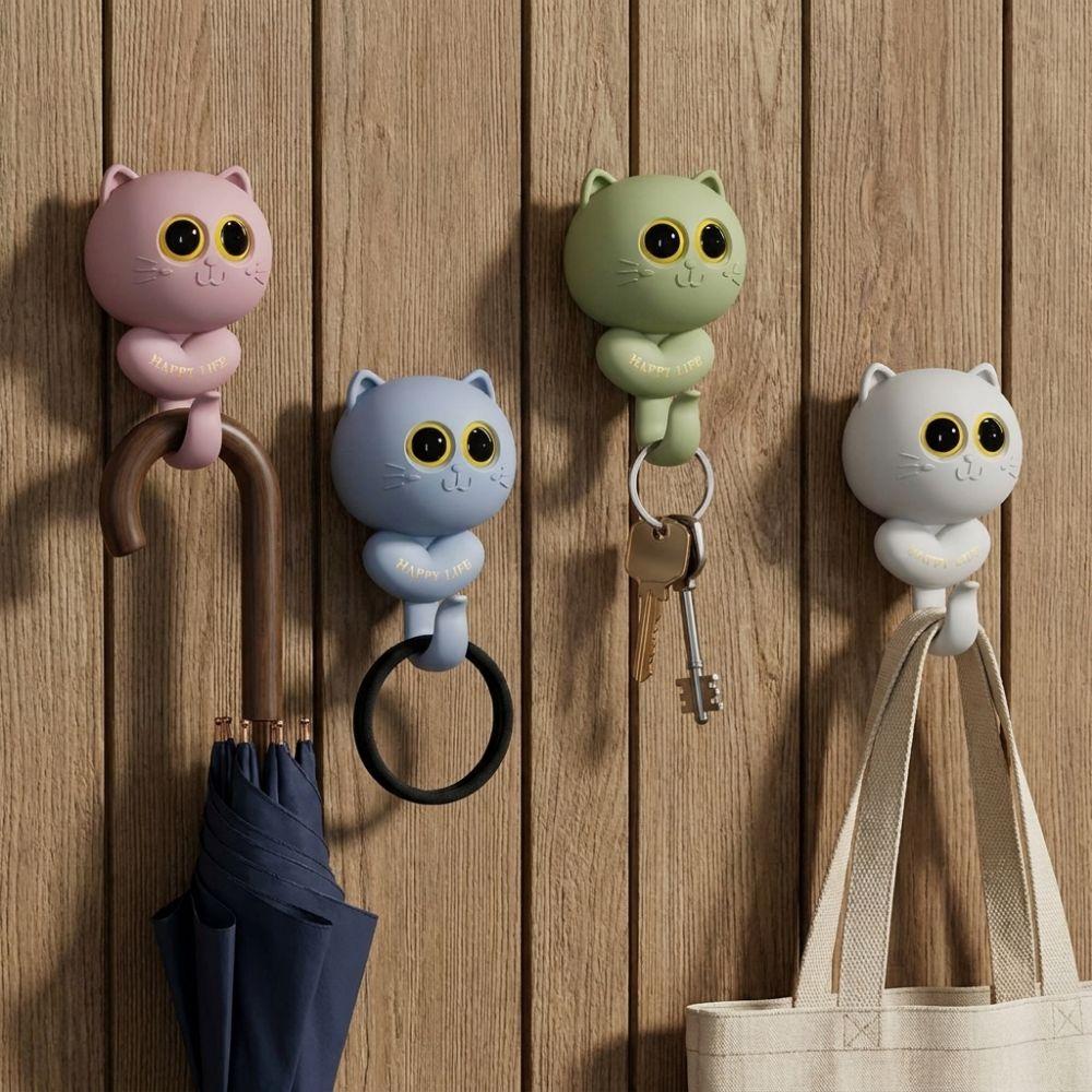 Wall Hanging Cat Blink Eyes Hook Free Punching Key Holder Cartoon Cat Hooks Entrance