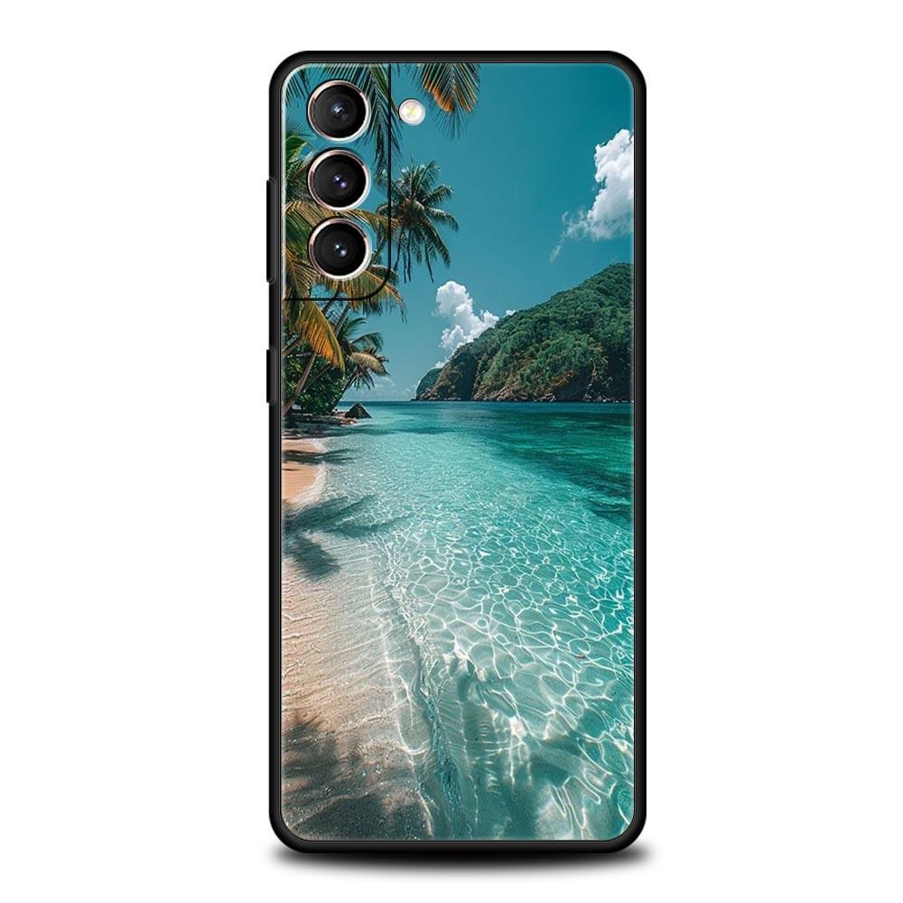 Summer Beach Scene at Sunset on sea Palm Tree Case For Samsung Galaxy S24 S23 S22 S20 Ultra S21 FE 5G S10 S9 Plus S10E S8 Cover