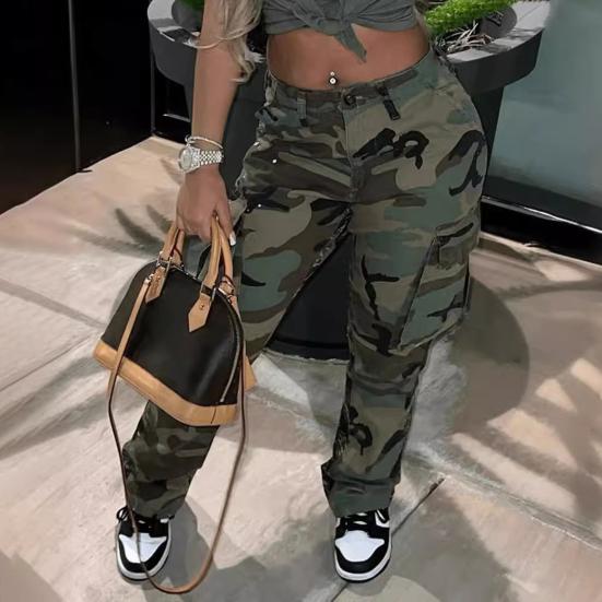 Dame Camo Print Cargobukser Høy Midje Vide Ben Baggy Streetwear Casual Kamuflasje Militærbukser med Lommer