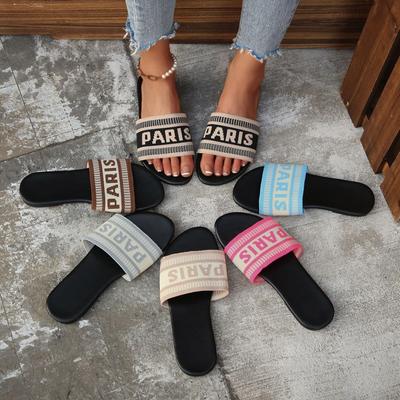 European and American Sandals Women Summer Wear New Fashion Embroidery Letter Embroidery Home Big Leisure Flat Bottom One-word Slippers Foreign Trade
