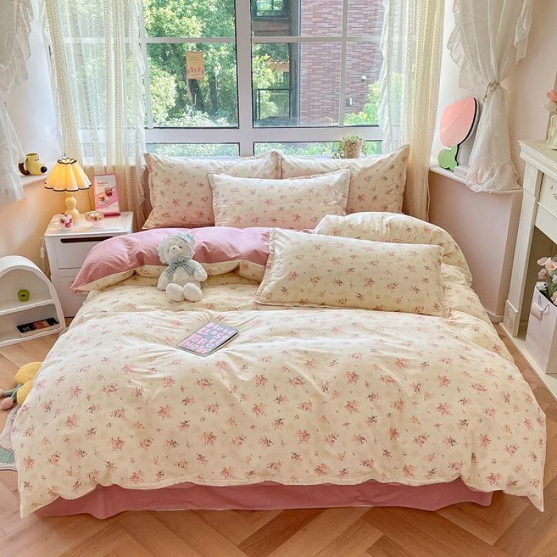 Cartoon 100% Cotton Bedding Set Duvet Cover with 2pc Pillowcase for Kids, Adult Single Double Bed Quilt Cover Sets Flower Print