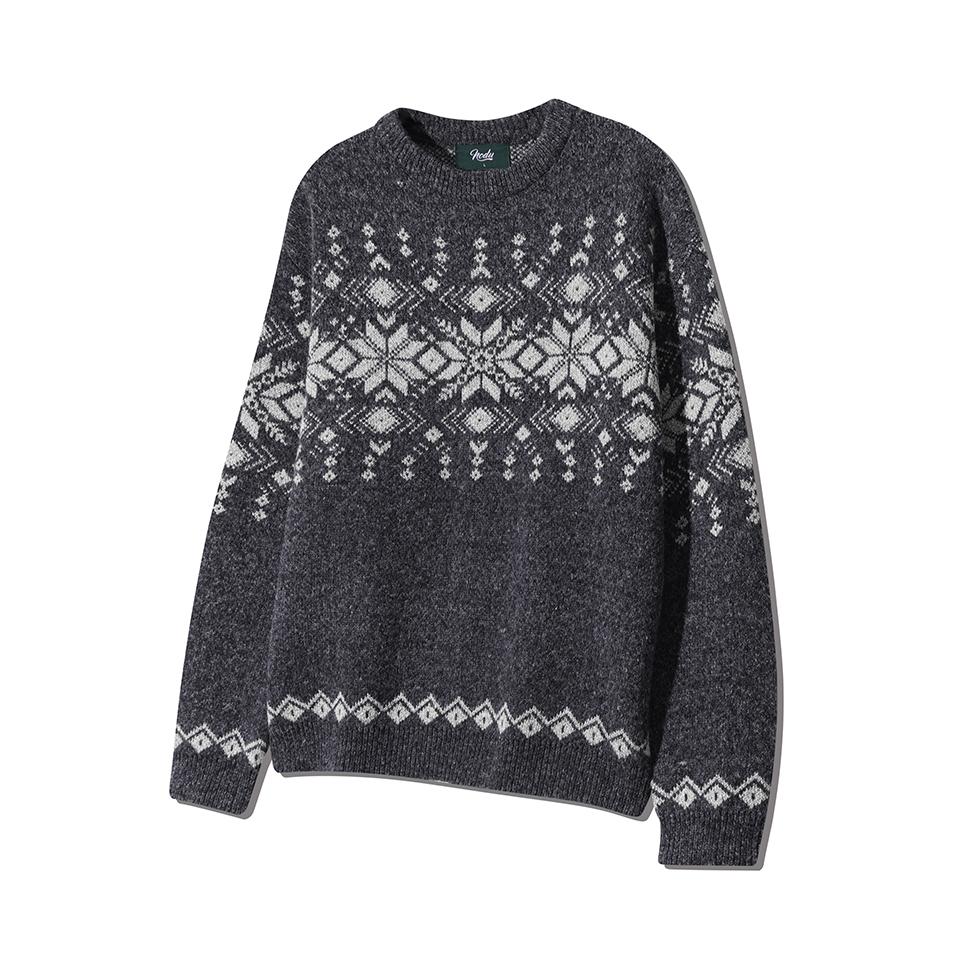 NODU Nordic Snowflake Heathered Jacquard Round Knit [Charcoal]