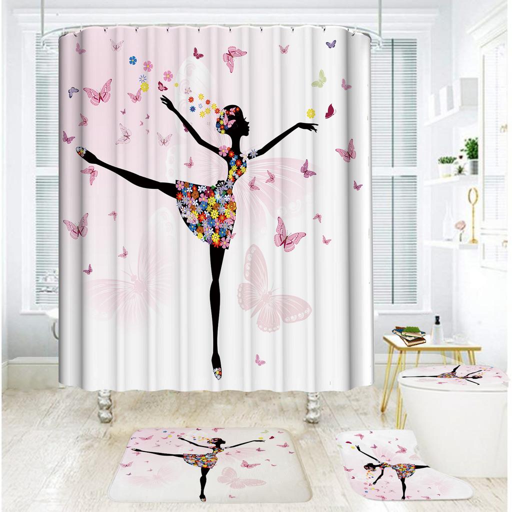 Bathroom Shower Curtain Four-piece Digital Printing Butterfly Plant Waterproof Shower Curtain Shower Curtain Partition Free of Punching