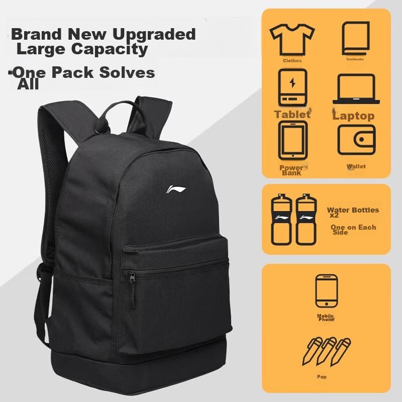 Li-Ning Travel Backpack, Large Capacity, Casual Bag, Hiking Backpack, Laptop Bag, Black