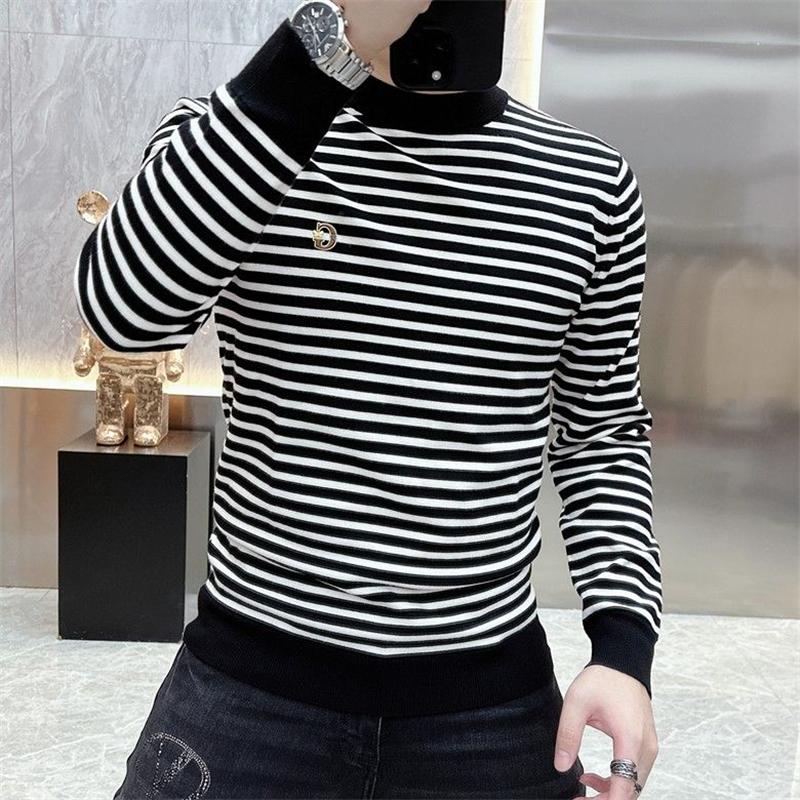 Men Autumn Winter Korean Fashion Striped Long Sleeve T-shirt Casual O Neck Slim Basic Pullover Tops