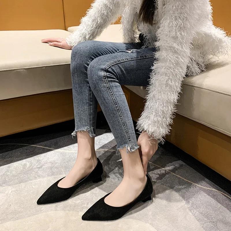 Fashion Summer Women's Workplace Shoes with Heels Pointed Tip Thick Heel One Kick  Womens Shoes Fashion Shallow Mouth Solid Color Simple