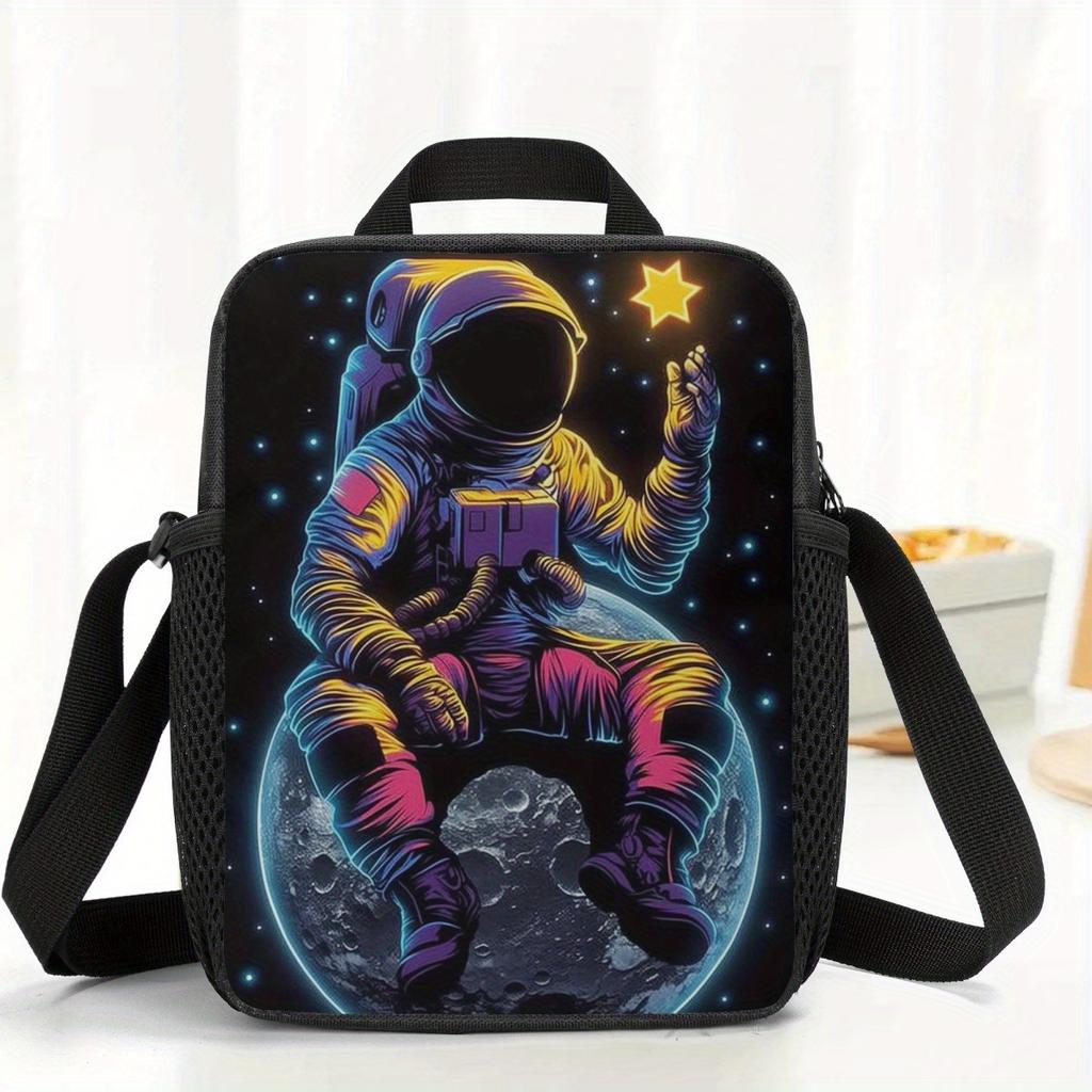 Sitting Astronaut Lunch Bag, Insulated Lunch Box for Mens Womens, Reusable Thermal Cooler with Adjustable Straps Tote Bento
