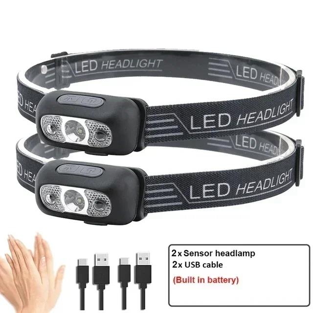 Strong Light Headlamp Portable LED Sensor Headlamp USB Rechargeable Head Flashlight Outdoor Camping Fishing Emergency Lantern