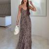 Women Spaghetti Strap V Neck Leopard Print Maxi Dress Casual Sleeveless Evening Party Gown