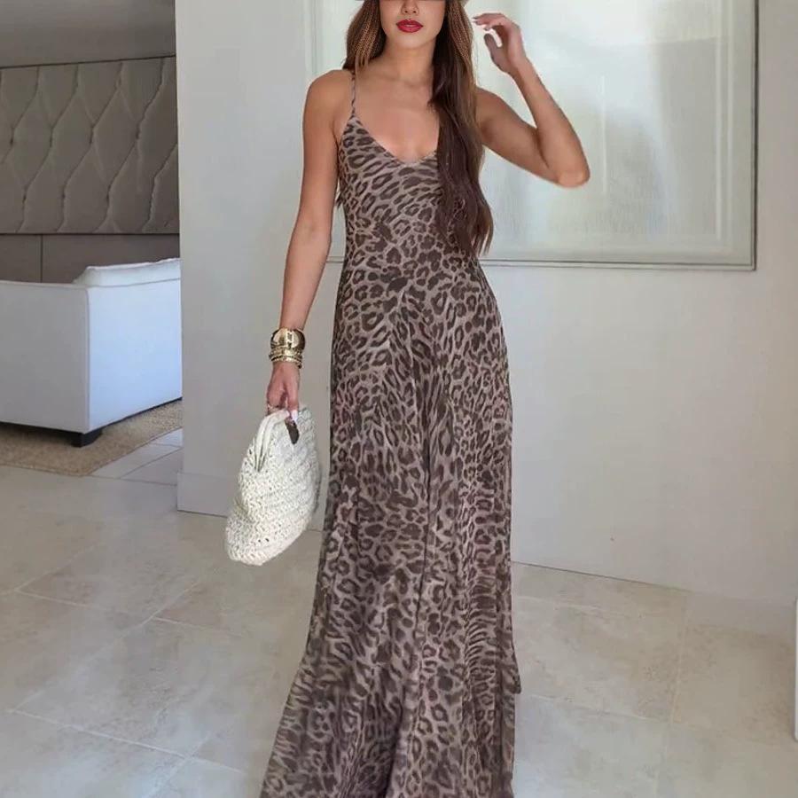 Women Spaghetti Strap V Neck Leopard Print Maxi Dress Casual Sleeveless Evening Party Gown