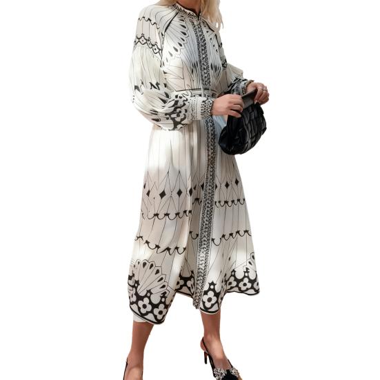 

Women s Long Sleeve Boho Midi Dress Loose Button Down A-Line Swing Dress Fall Casual Floral Print Beach Flowy Dress S