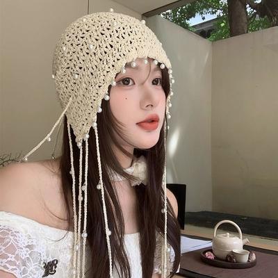 Women's Hollow Pearl Pendant Handmade Head Wrap Hat Ethnic Style Knit Slouchy Hat Retro Large Head Circumference Slouchy Cap