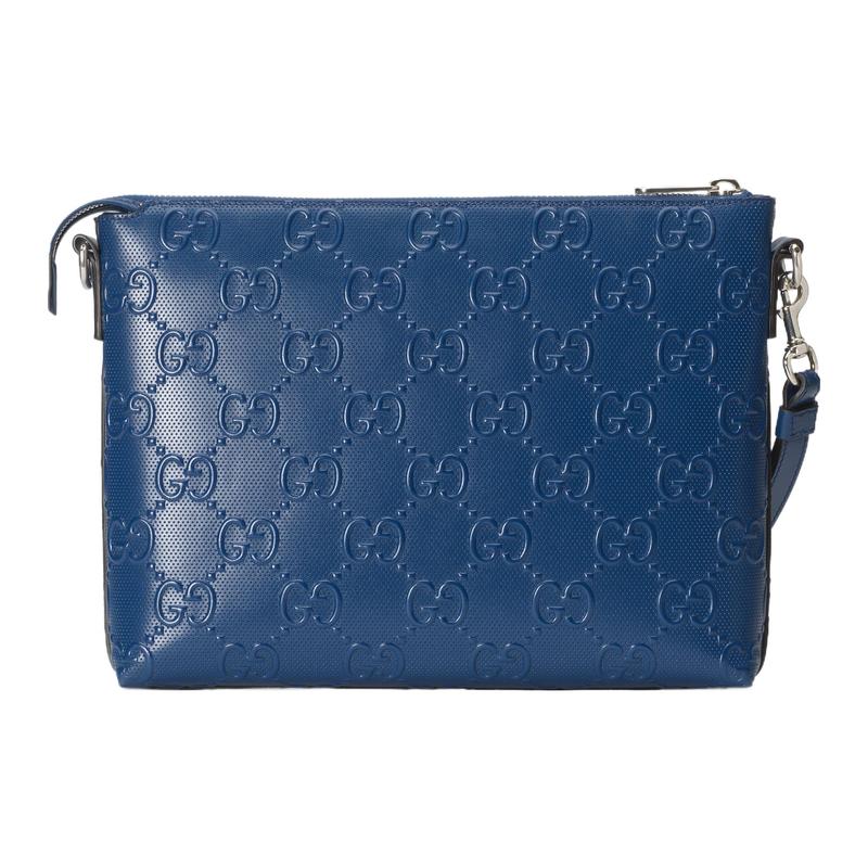 Gucci GG printed embossed zipper closure leather messenger bag clutch medium size men's blue