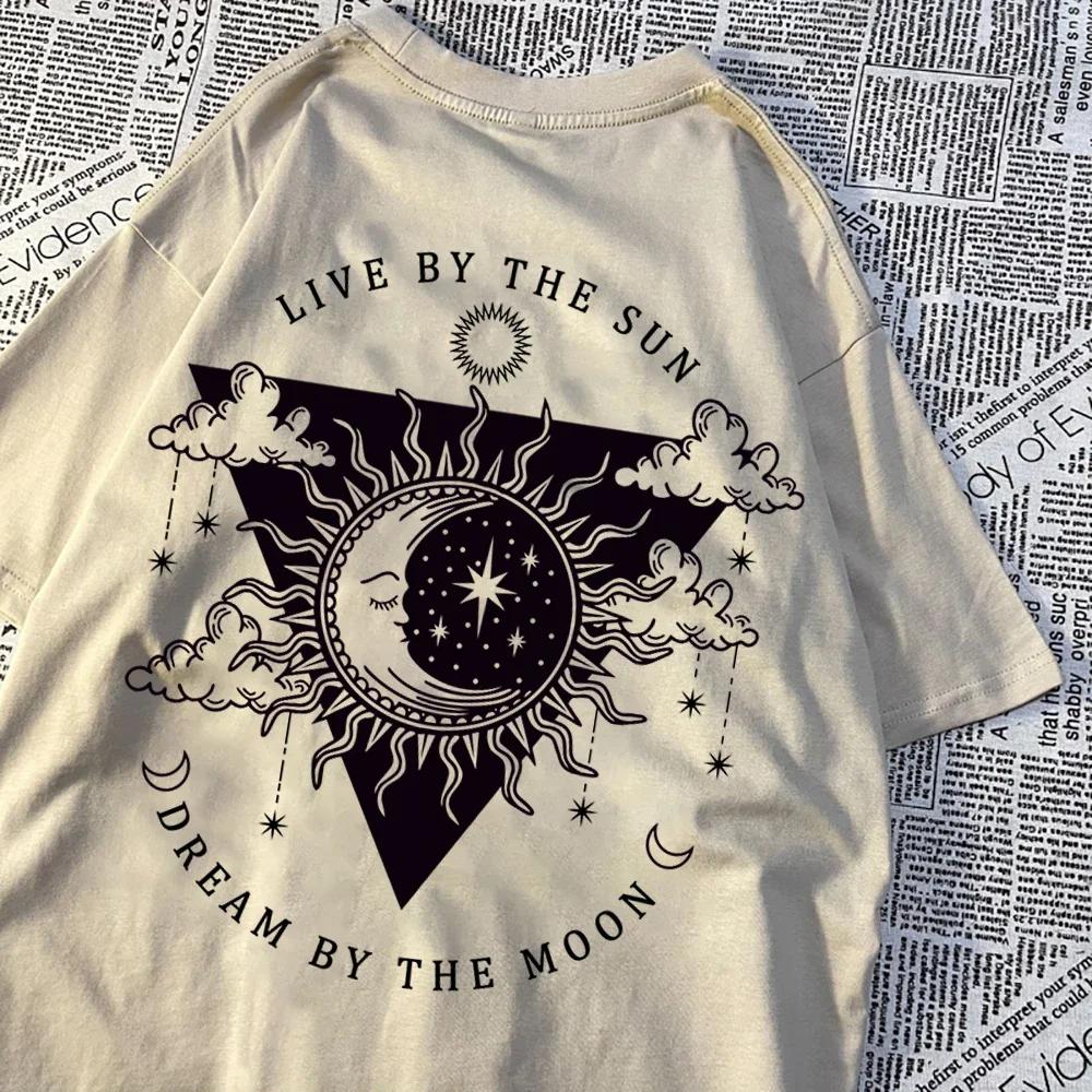 Live By The Sun Dream By The Moon Tshirt Women Hip Hop  Casual Tops Pattern Sweat Summer Clothing Fashion Loose Tshirt